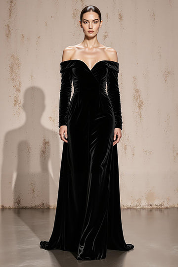 Black Off the Shoulder Velvet Long Sleeve Formal Dress